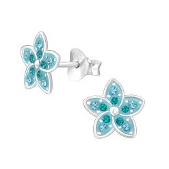 Boucles D’oreilles Enfant En Argent Fleur Cristal Bleu