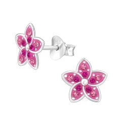 Boucles D’oreilles Enfant En Argent Fleur Cristal Rose