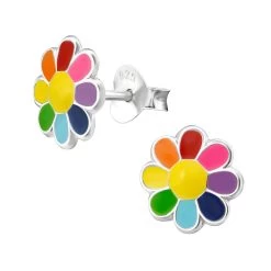 Boucles D’oreilles Fleur Multicolore à Coeur Jaune En Argent