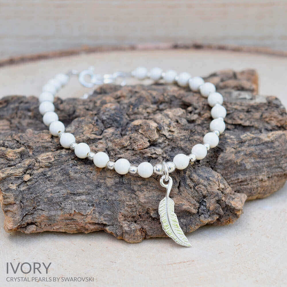 Bracelet Plume En Argent Et Perles De Cristal Nacrées Jade – Image 3