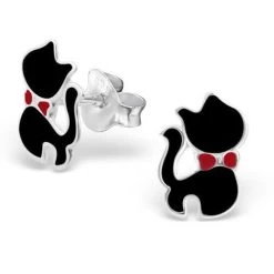 Boucles D’oreilles Argent Chat Noir Avec Noeud
