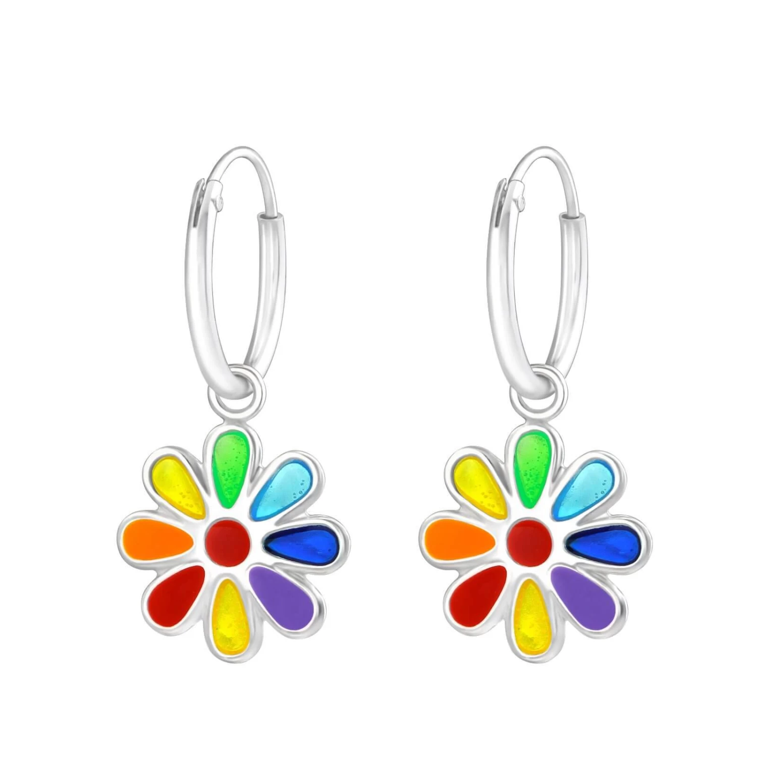 Boucles D’oreilles Créole Fleur Multicolore En Argent
