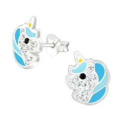Boucles D’oreilles Licorne Bleu Et Cristal En Argent