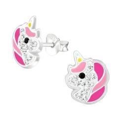 Boucles D’oreilles Licorne Rose Et Cristal En Argent