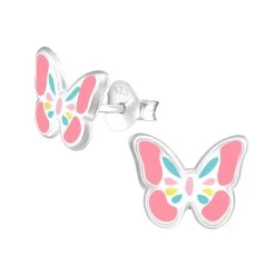 Boucles D’oreilles Papillon Rose Et Bleu En Argent