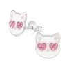 Boucles D’oreilles Tete De Chat Yeux Roses En Argent