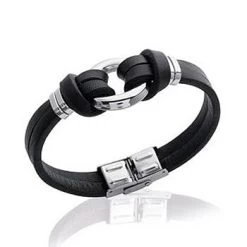 Bracelet Anneau Acier Et Cuir Noir