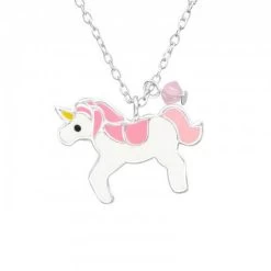 Collier En Argent Licorne Blanche Et Rose