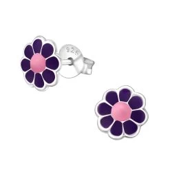 Boucles D’oreilles Fleur Mauve à Coeur Rose En Argent